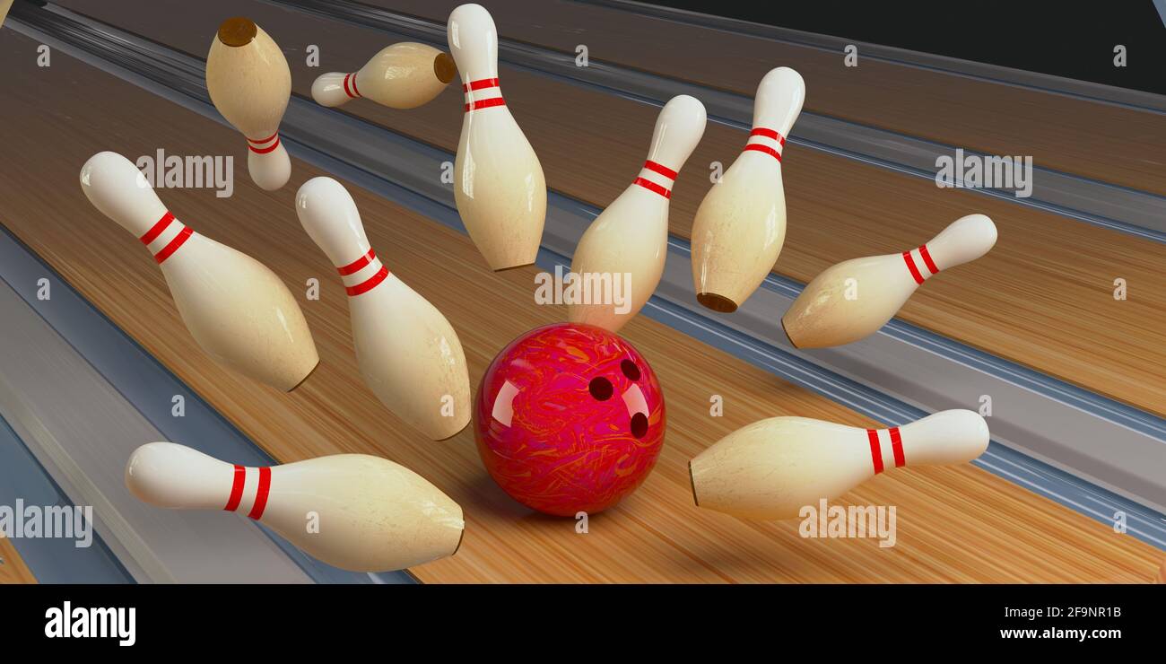 Bowling strike pins and bowling ball on the track. 3D render Stock