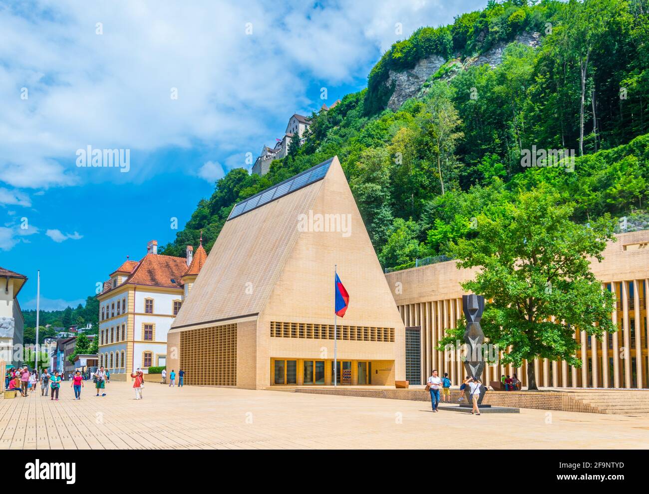 View of the guttenberg castle and the new parliament building in Vaduz, Liechtenstein. Stock Photo