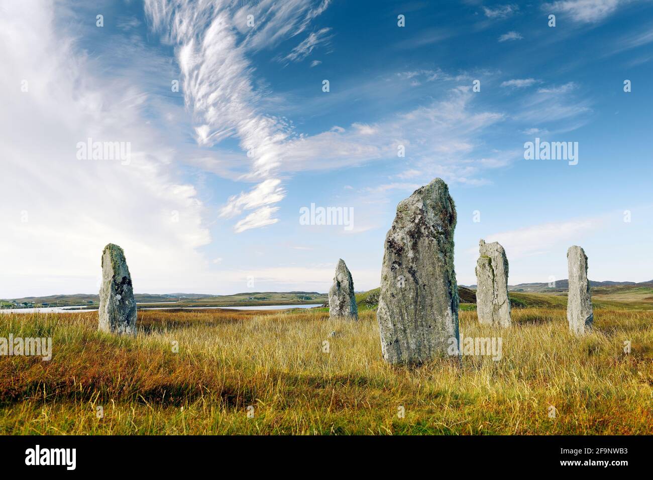 Ceann Hulavig prehistoric Neolithic stone circle aka Callanish IV at Garynahine, Calanais  Callanish, Isle of Lewis, Scotland. Looking N.W. Stock Photo
