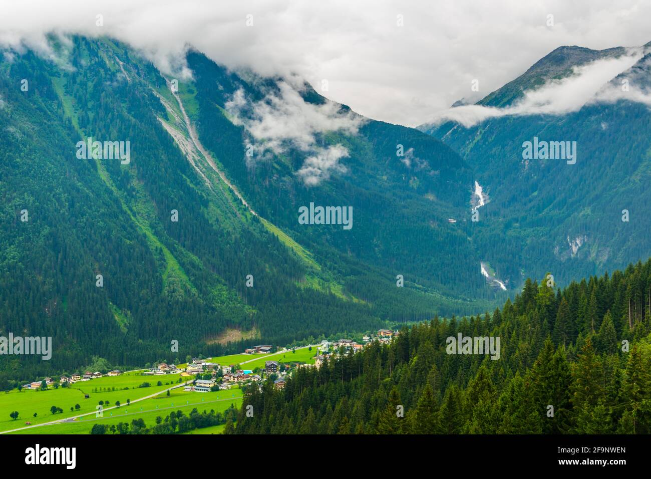 aerial view of Krimml village and krimmler wassefalle in the Austrian Alps.Austria, Europe. Stock Photo