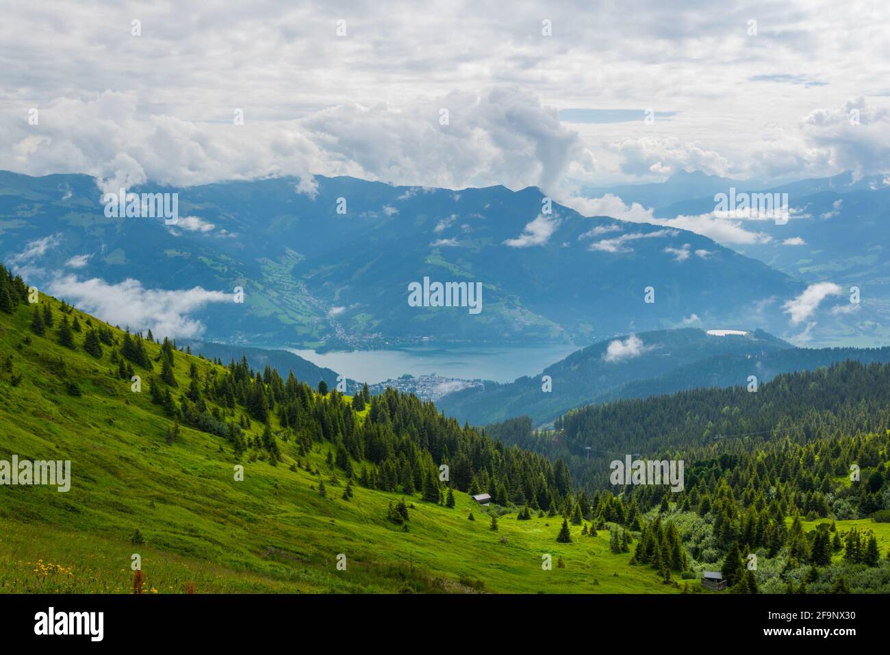 Aerial view of the zeller lake and zell am see town from the upper statioon of the schmittenhohe cable car in Austria. Stock Photo