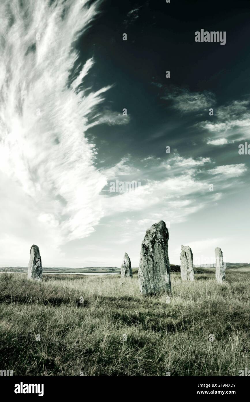 Ceann Hulavig prehistoric Neolithic stone circle aka Callanish IV at Garynahine, Calanais  Callanish, Isle of Lewis, Scotland. Looking N.W. Stock Photo