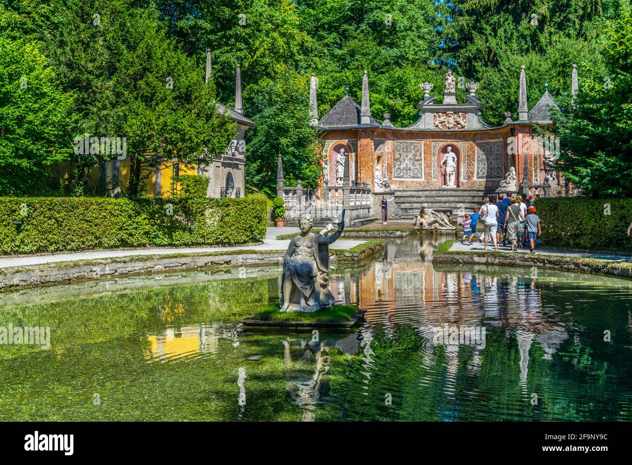 View of a trick fountain situated in a public park near the Hellbrunn Palace, Salzburg, Austria. Stock Photo