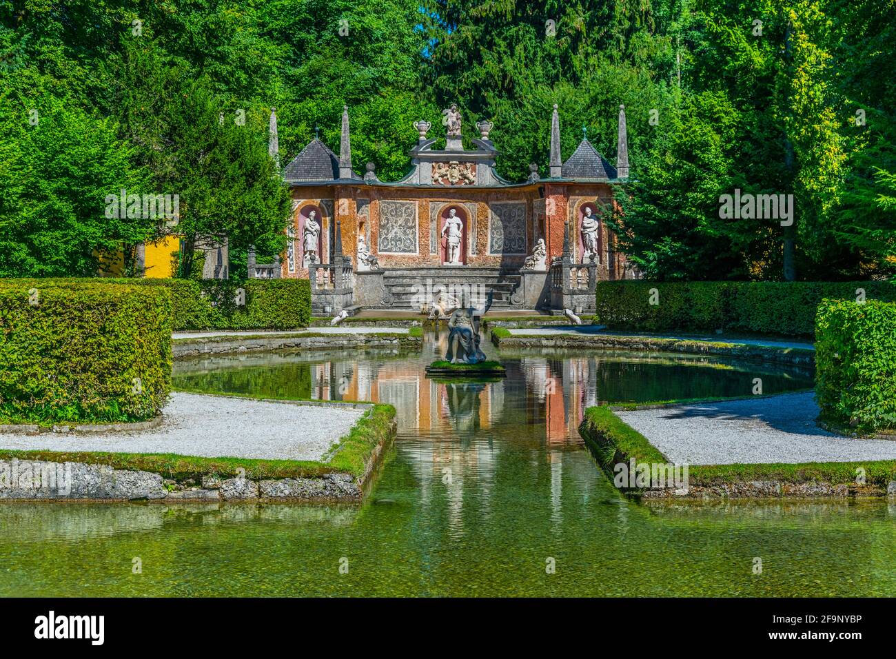View of a trick fountain situated in a public park near the Hellbrunn Palace, Salzburg, Austria. Stock Photo