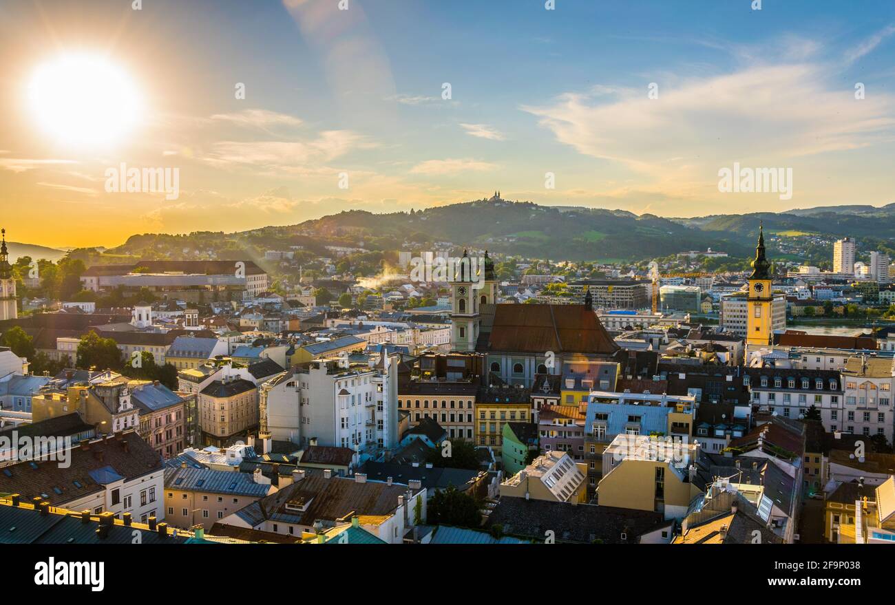 Aerial view of the Austrian city Linz including the old Cathedral ...