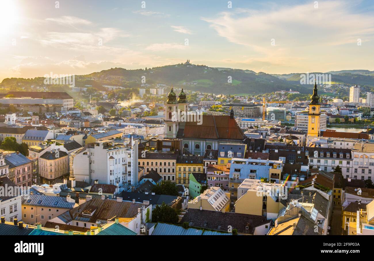 Aerial view of the Austrian city Linz including the old Cathedral ...