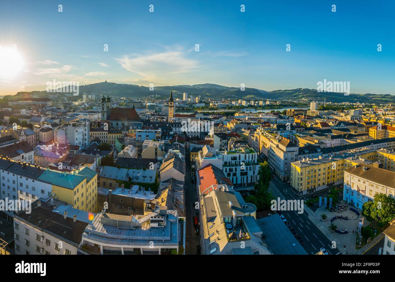 Aerial view of the Austrian city Linz including the old Cathedral ...
