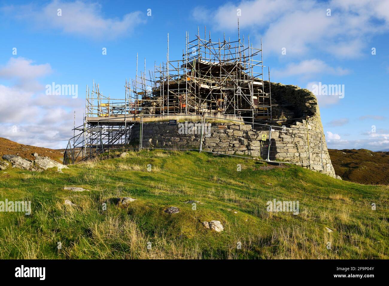 Dun Carloway broch 2000 year old prehistoric dwelling undergoing maintenance structural preservation refurbishment in 2020. Isle of Lewis Stock Photo