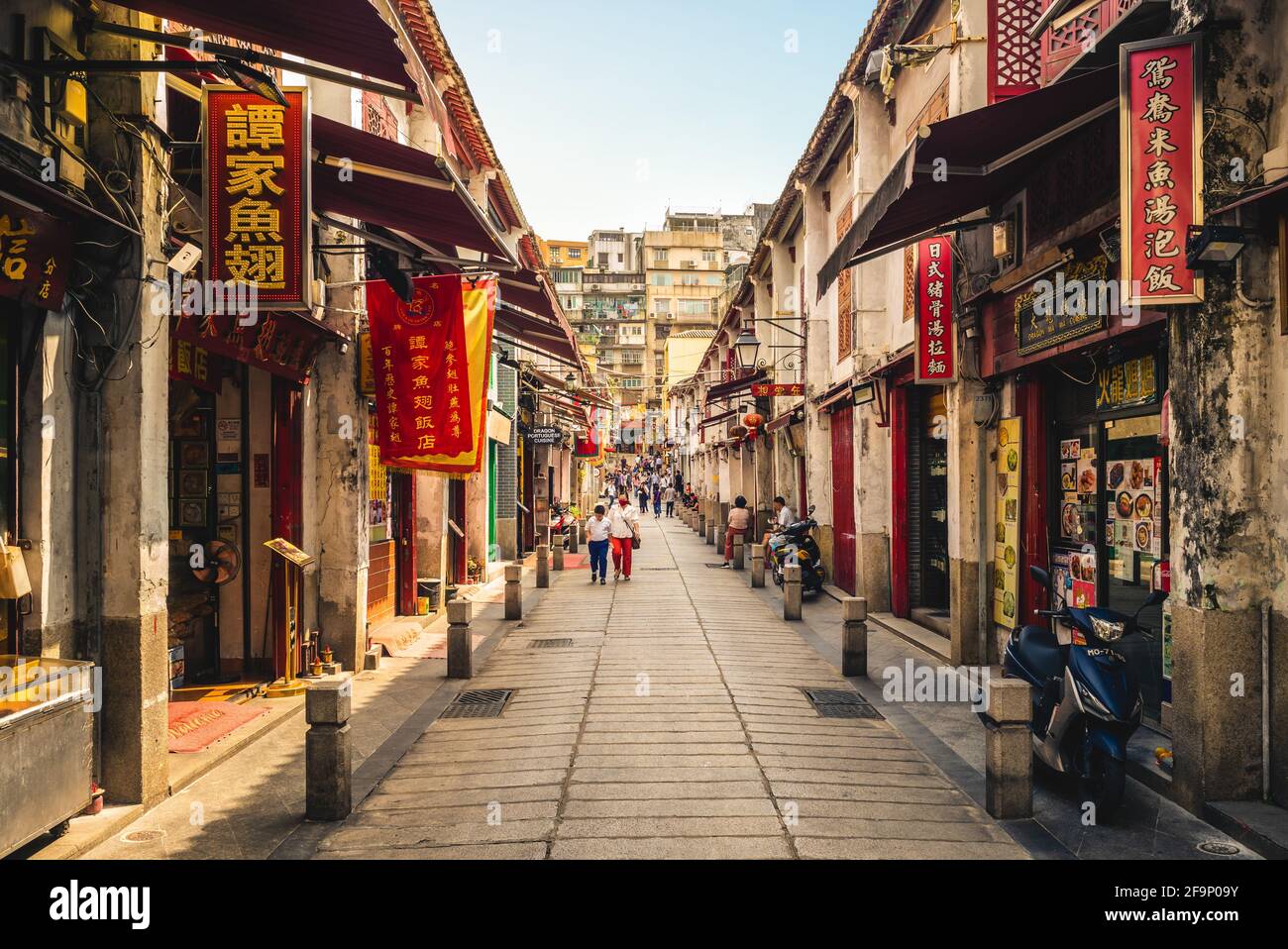 October 10, 2019: Rua da Felicidade, aka Happiness street, was once the heart of red light district of Macau, China. Now it is one of the most popular Stock Photo