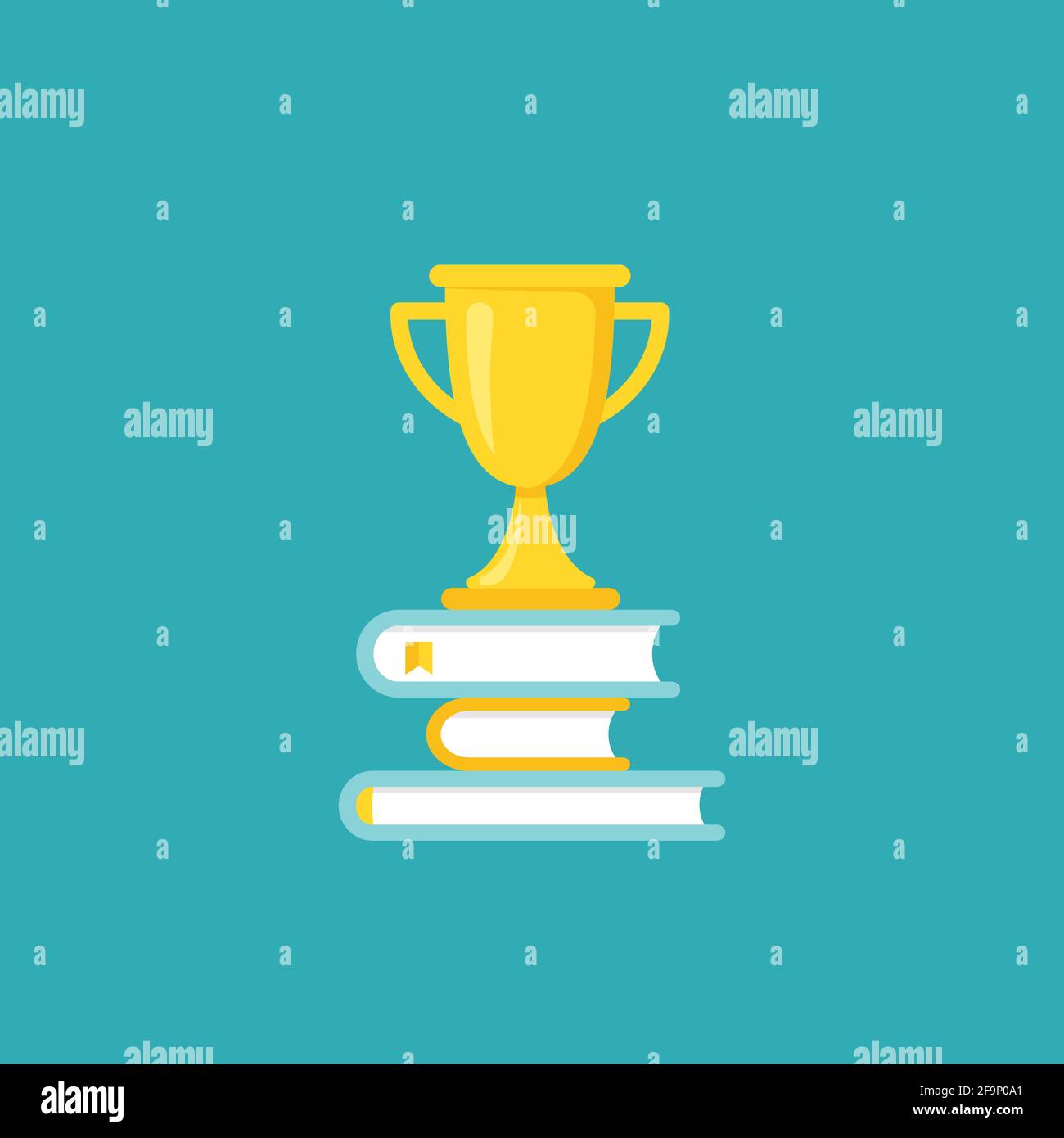 stack of books with gold trophy or winning cup. Isolated on powder blue background. Flat reading icon. Vector illustration. Education logo. Knowledge Stock Vector