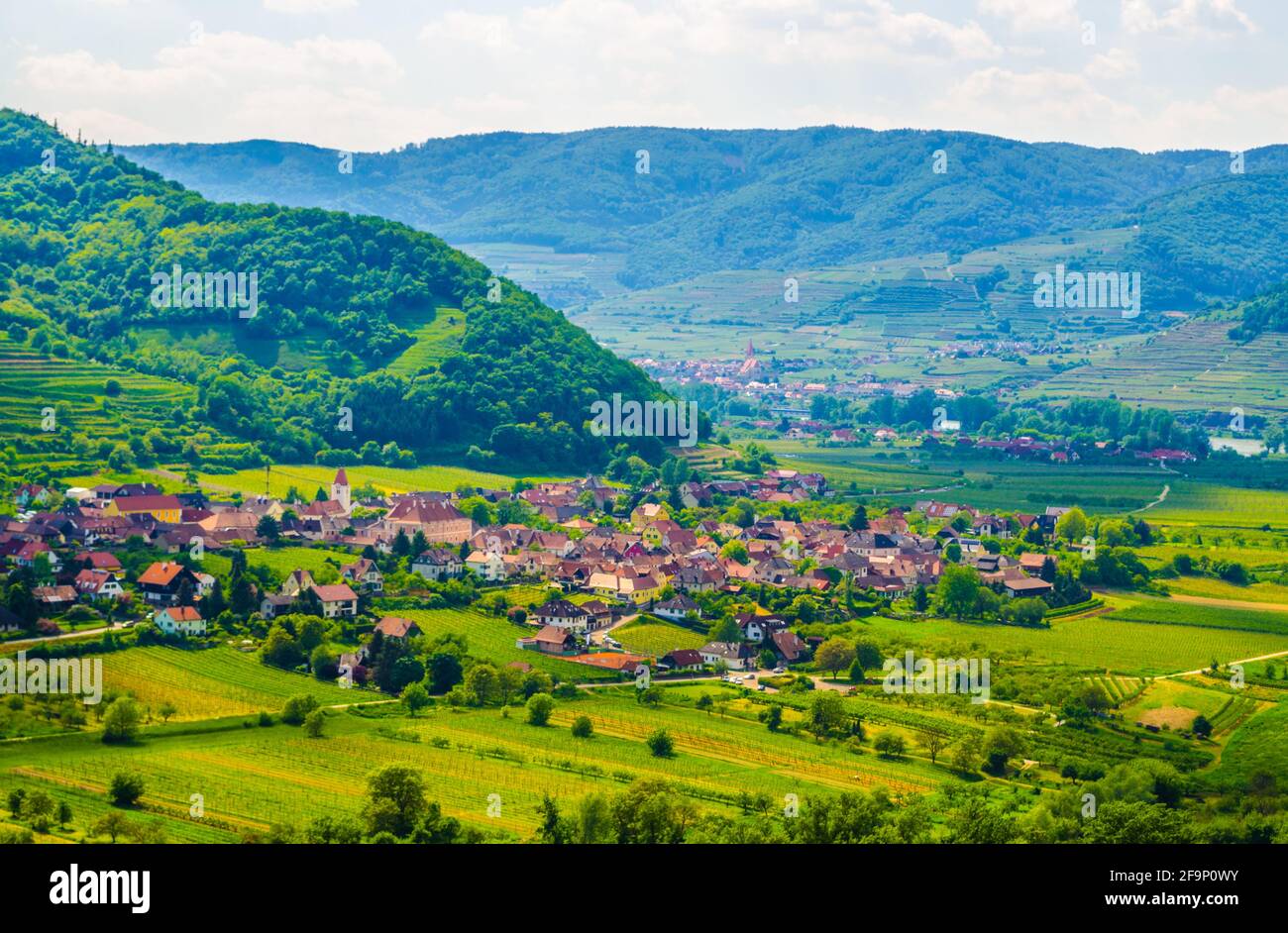 aerial view of a small village situated in the wachau valley in Austria. Stock Photo