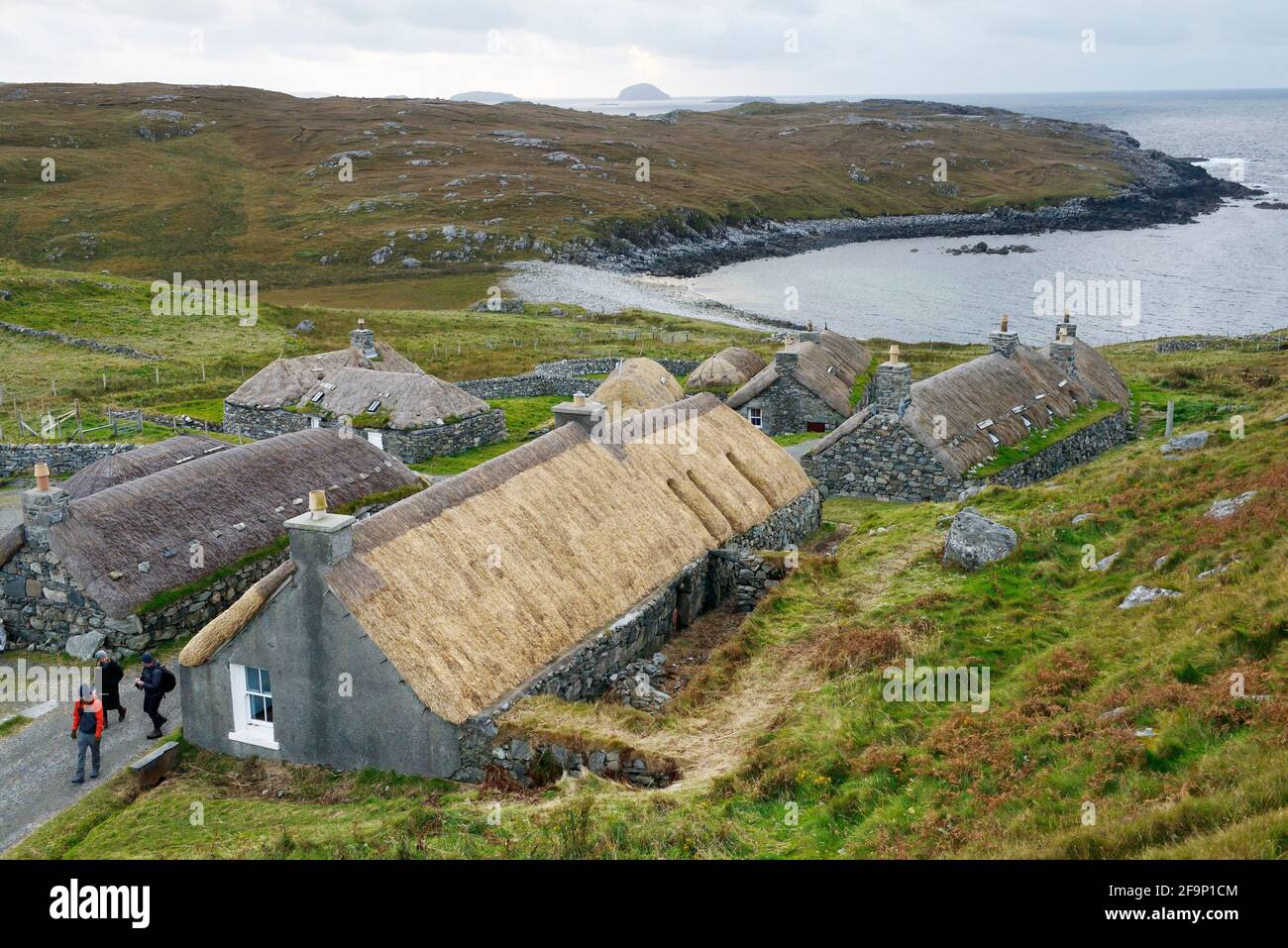 Blackhouse Village. Restored crofting fishing township of Garenin, Na Gearrannan, on north west coast of Lewis, Outer Hebrides.  Lived in until 1974 Stock Photo