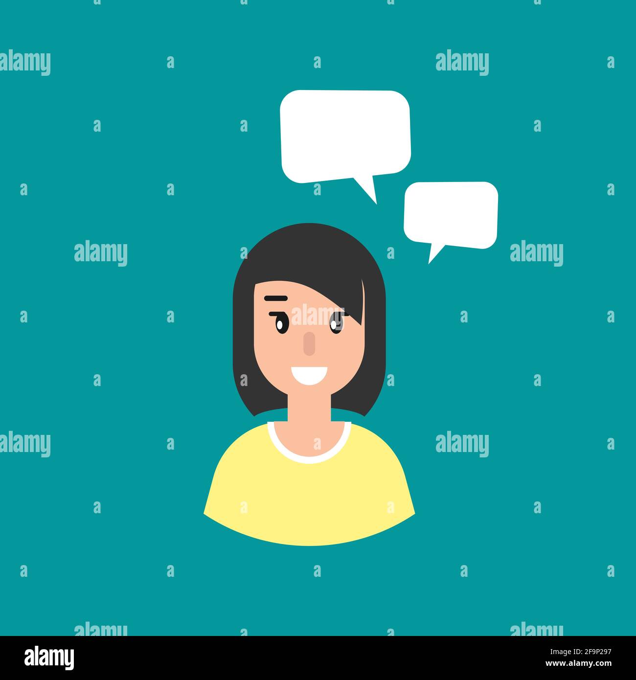 happy girl with speech bubble on blue background. Talk, chat message ...