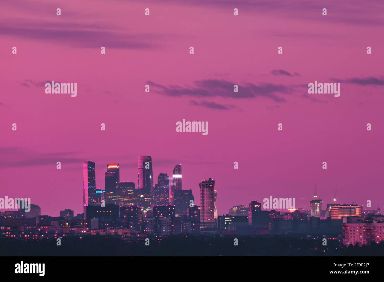 Pink sky over city buildings with towers of skyscrapers Moscow city Stock  Photo - Alamy