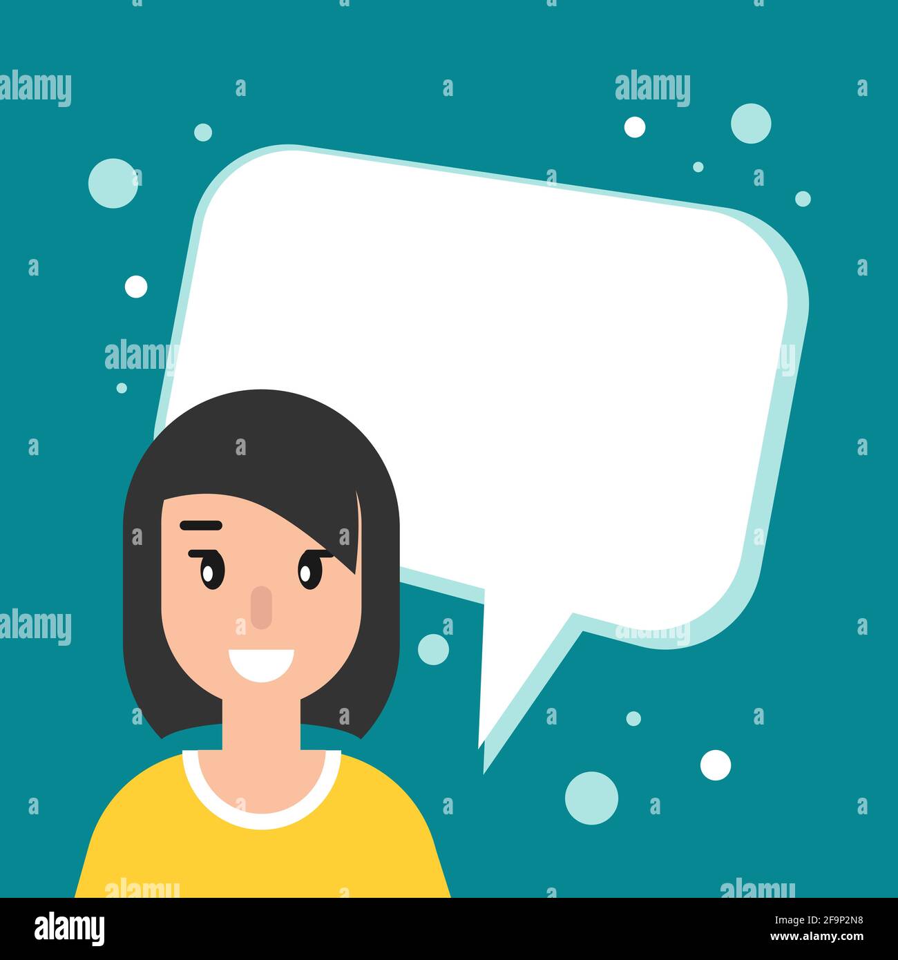 happy girl with speech bubble on blue background. Talk, chat message ...