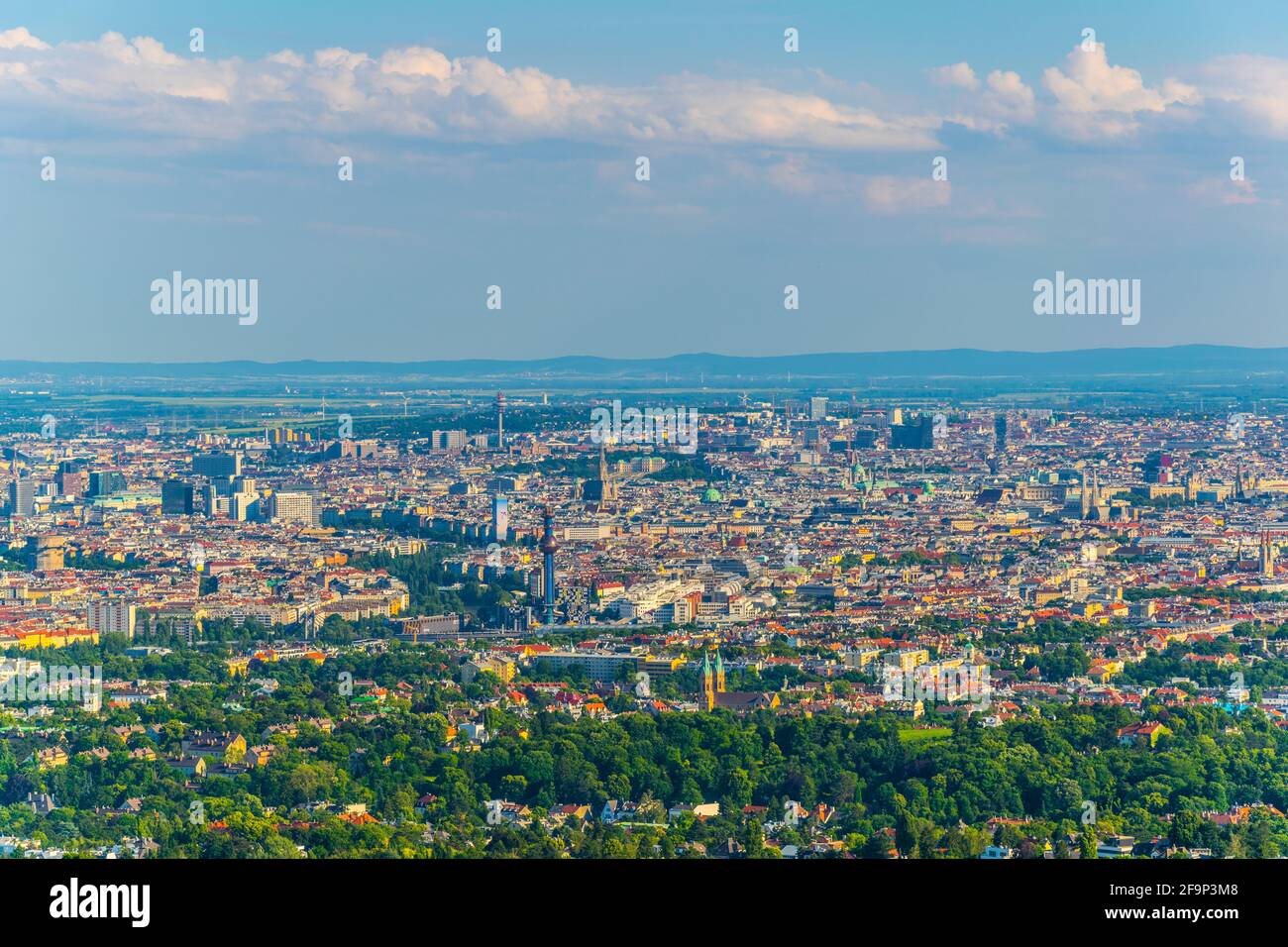 Aerial view of the historical center of vienna including stephamsdom cathedral belvedere palace, karlskirche church and myn other sights from kahlenbe Stock Photo
