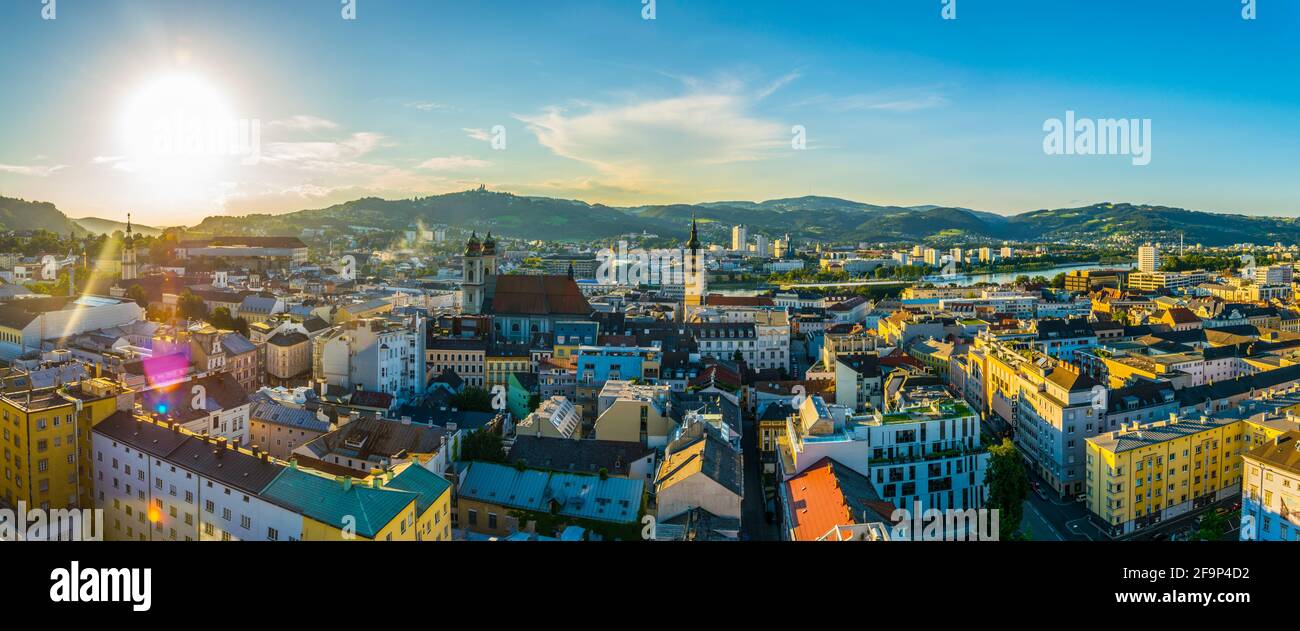 Aerial view of the Austrian city Linz including the old Cathedral ...