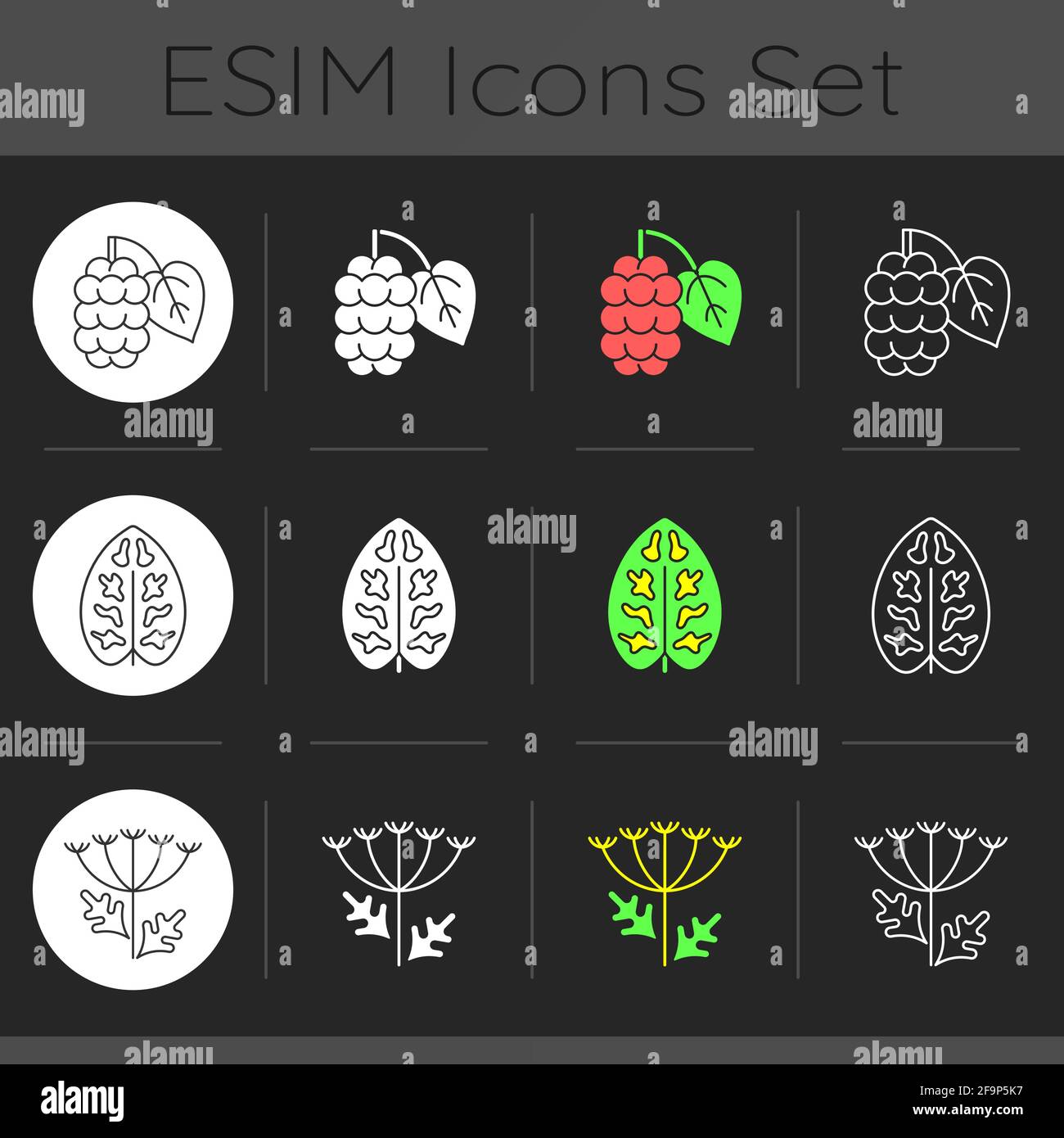 Allergens and allergy causes dark theme icons set Stock Vector Image