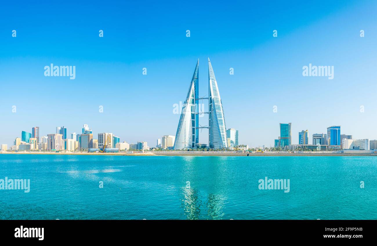 Skyline of Manama dominated by the World trade Center building, Bahrain. Stock Photo