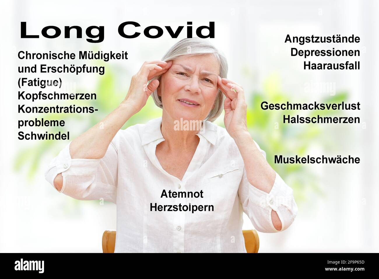 Frequent long covid syndrome symptoms: disorders of the respiratory system, the heart and mental dysfunctions, in german. Stock Photo