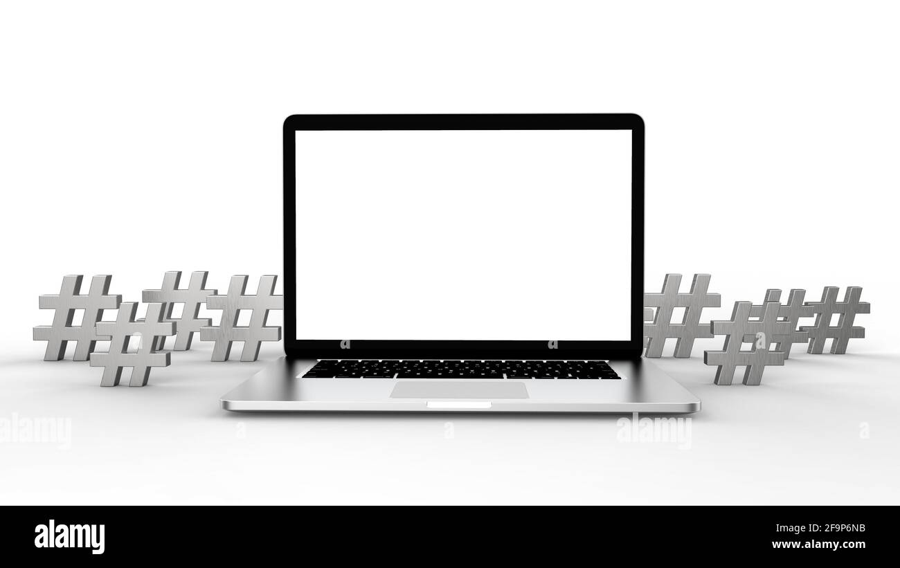Modern laptop and hashtag icon isolated on white background. 3D ...