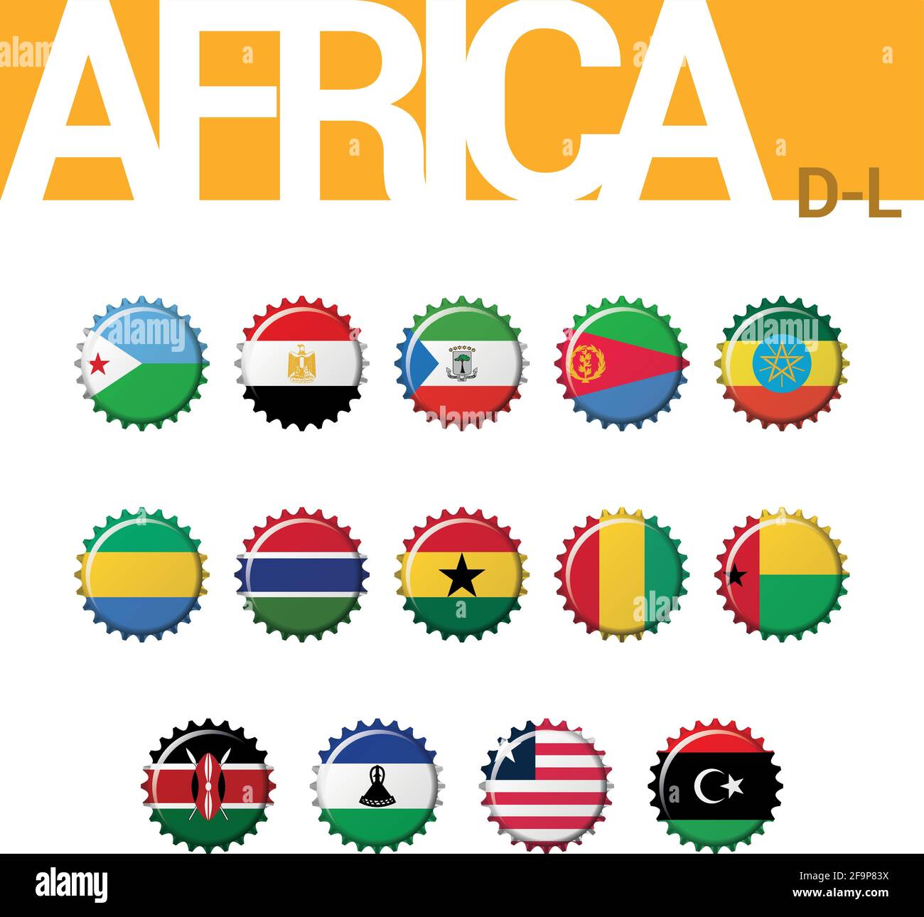 Set of 14 bottlecap flags of Africa (D-L). Set 2 of 4. Vector Illustration. Djibouti, Egypt, Equatorial Guinea, Eritrea, Ethiopia, Gabon, Gambia, Ghan Stock Vector