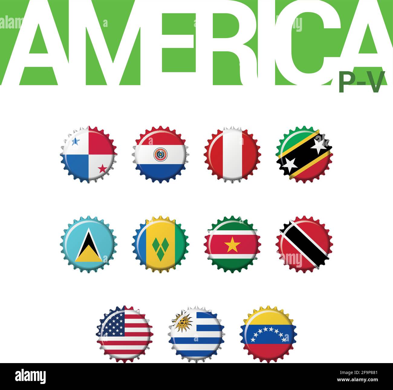Set of 12 bottlecap flags of America (P-V). Set 3 of 3. Vector Illustration. Panama, Paraguay, Peru, Saint Kitts and Nevis, Saint Lucia, Saint Vincent Stock Vector