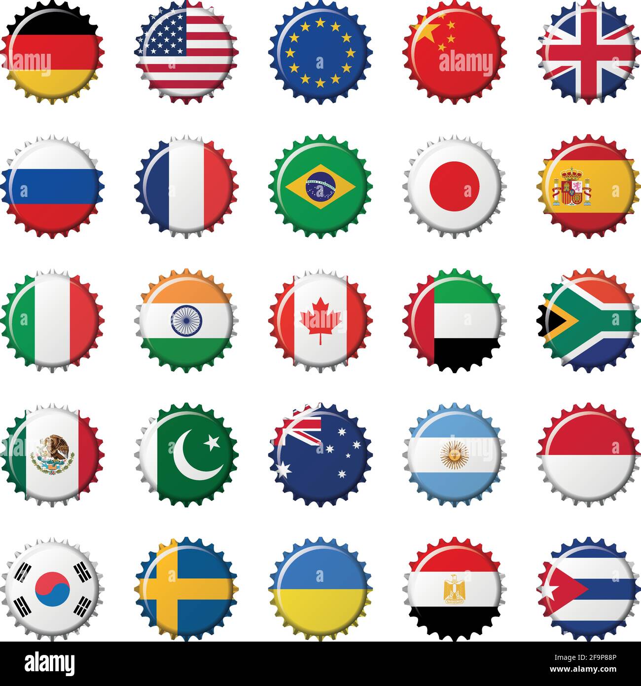 Set of 25 flags world top countries on bottle caps. Vector Illustration Stock Vector