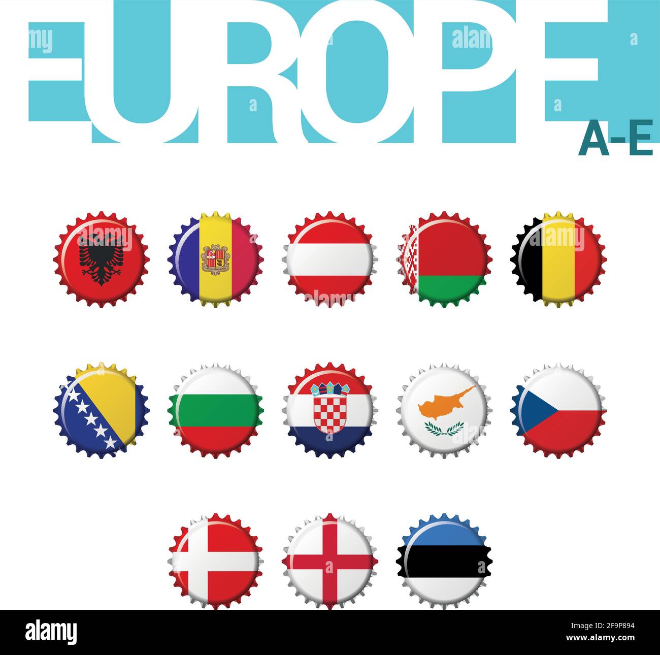Set of 13 bottlecap flags of Europe (A-E). Set 1 of 4. Vector Illustration. Albania, Andorra, Austria, Belarus, Belgium, Bosnia and Herzegovina, Bulga Stock Vector