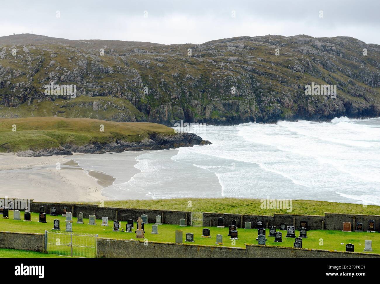 New burial ground dating from 1960s at the village of Valtos aka Bhaltos in western Lewis, Outer Hebrides, Scotland. Looking west over Cliff Beach Stock Photo