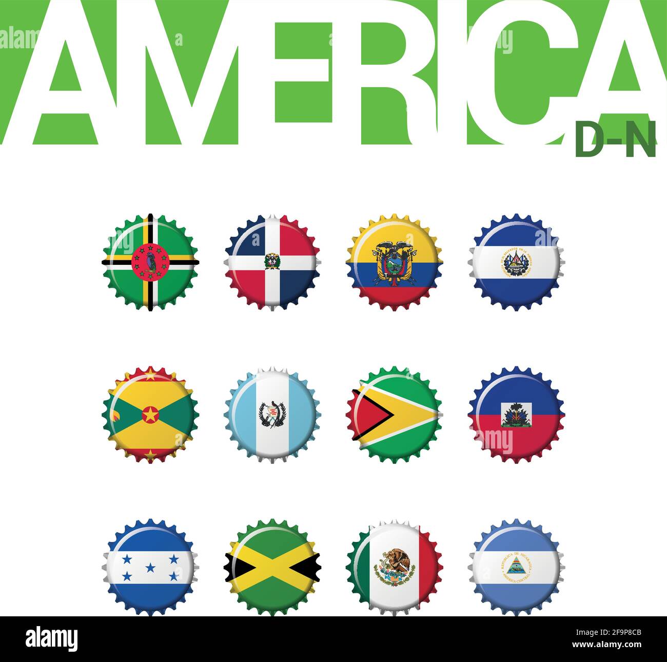Set of 12 bottlecap flags of America (D-N). Set 2 of 3. Vector Illustration. Dominica, Dominican Rep, Ecuador, El Salvador, Grenada, Guatemala, Guyana Stock Vector