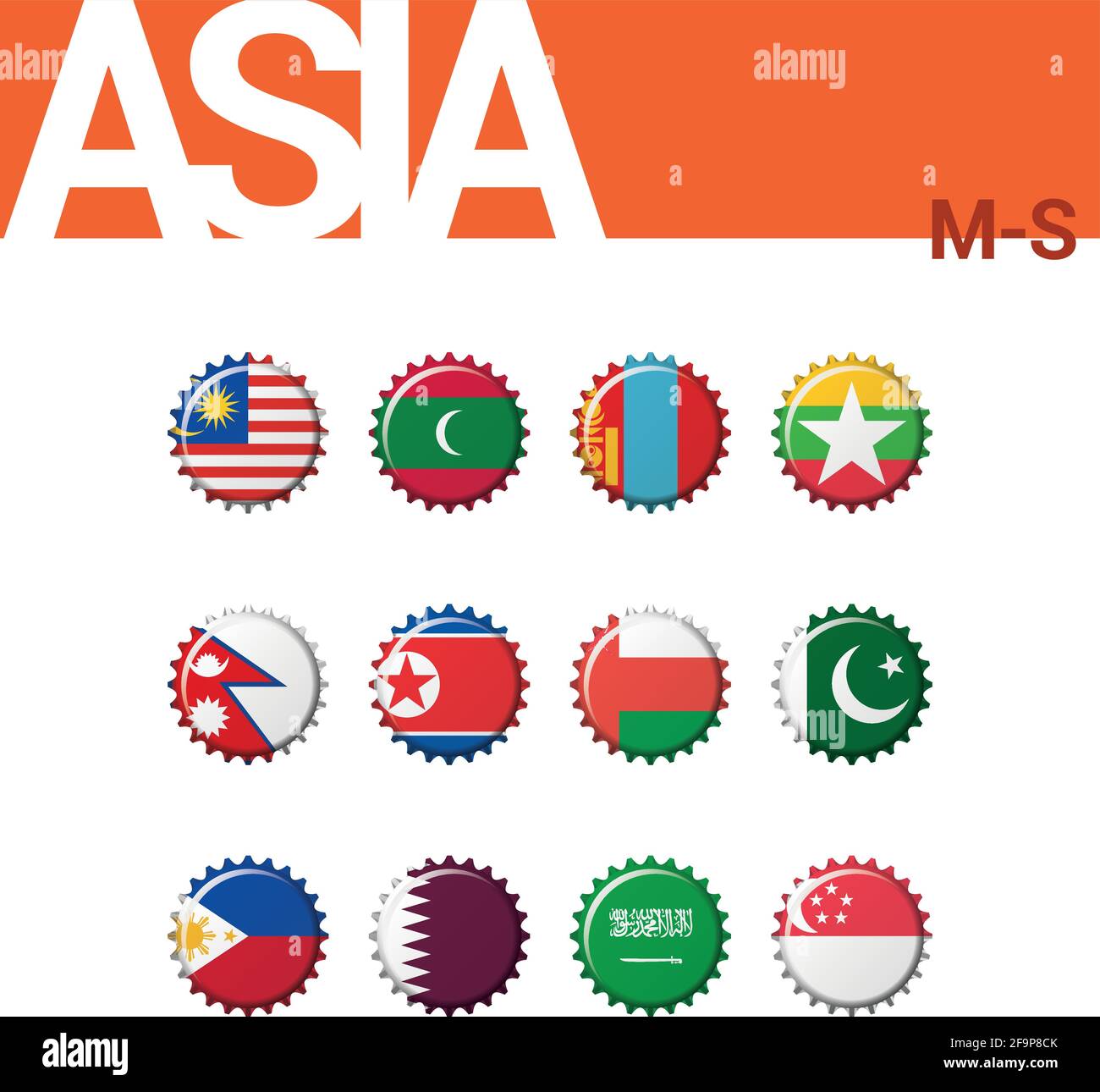 Set of 12 bottlecap flags of Asia (M-S). Set 3 of 4. Vector Illustration. Malaysia, Maldives, Mongolia, Myanmar (Burma), Nepal, North Korea, Oman, Pak Stock Vector