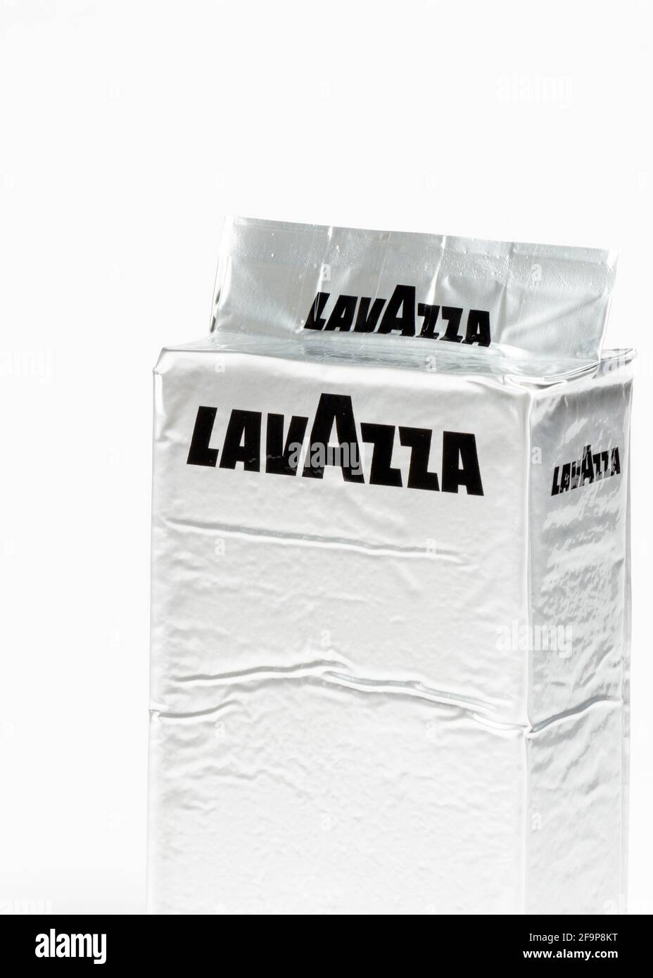 Lavazza Italian coffee biodegradable silver pack isolated on white as circular economy packaging concept Stock Photo