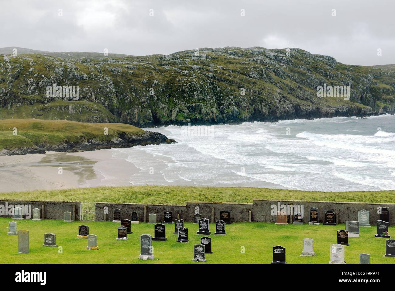 New burial ground dating from 1960s at the village of Valtos aka Bhaltos in western Lewis, Outer Hebrides, Scotland. Looking west over Cliff Beach Stock Photo