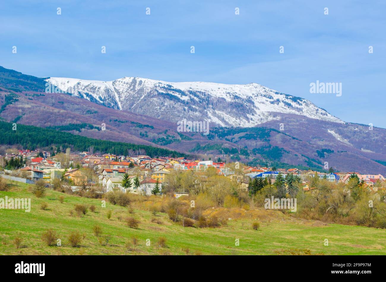 aerial view of bulgarian capital sofia taken from the top of vitosha mountain which is great spot for hikers during summer and skiers during winter. Stock Photo
