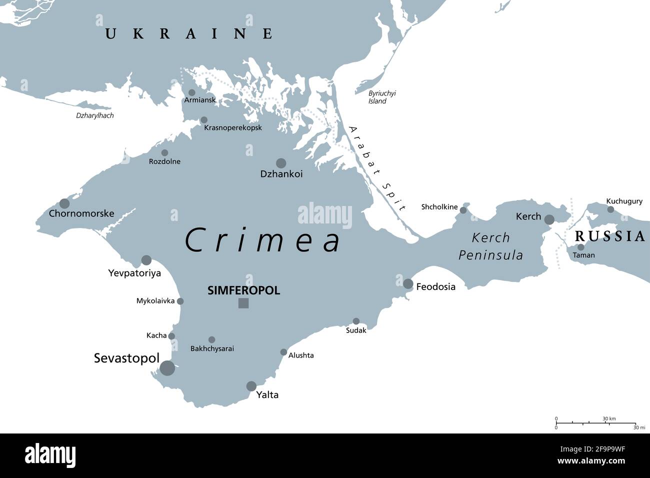 Crimea gray political map. Peninsula in Eastern Europe on northern coast of the Black Sea with disputed status. Controlled and governed by Russia. Stock Photo