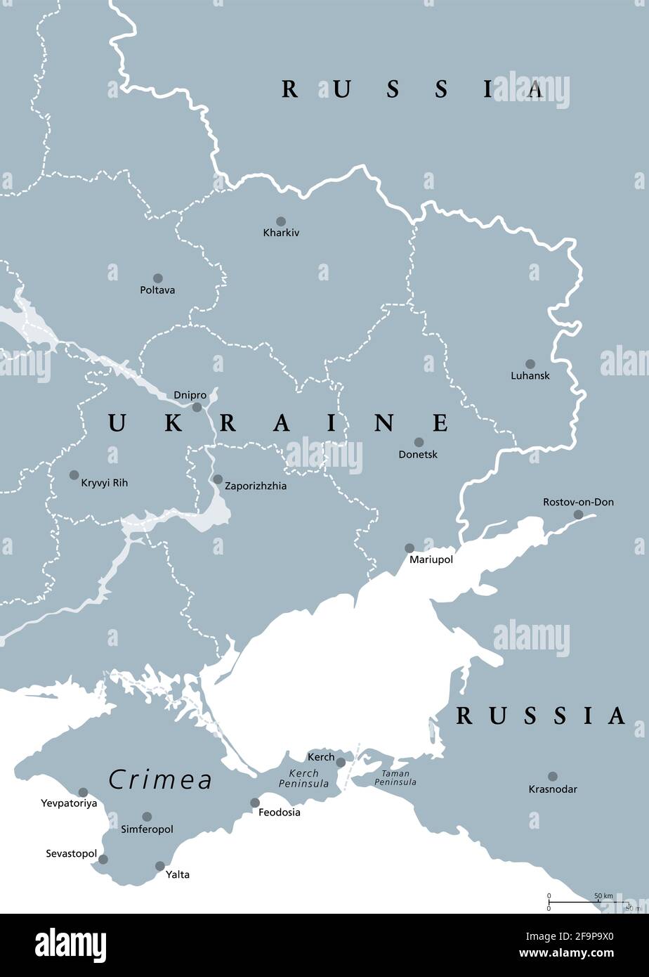 Eastern Ukraine, gray political map. The Crimea peninsula, on the coast of Black Sea, and the Donbass, formed by Donetsk and Luhansk region. Stock Photo