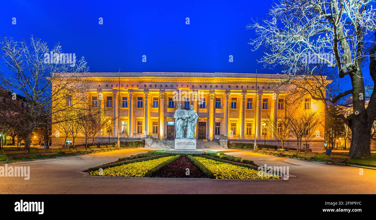 night view of the illuminated Bulgarian National Library St. Cyril & Methodius Stock Photo