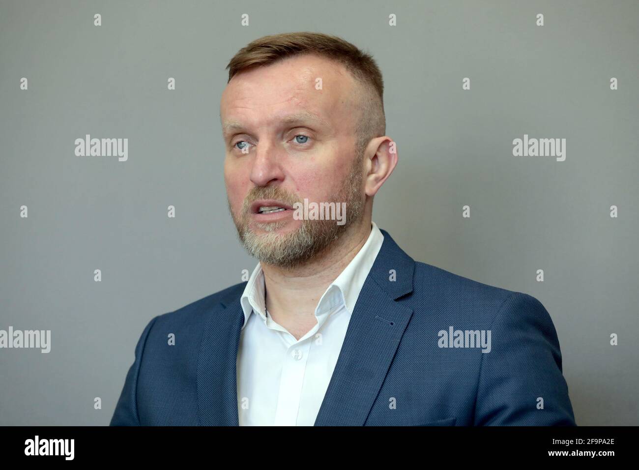 KYIV, UKRAINE - APRIL 19, 2021 - Head of the State Agency of Ukraine on Exclusion Zone Management Serhii Kostiuk gives an interview to a correspondent Stock Photo