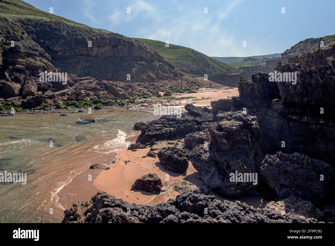 Panoramic of sea and mountains in a Cantabrian sea coast in Spain Stock Photo