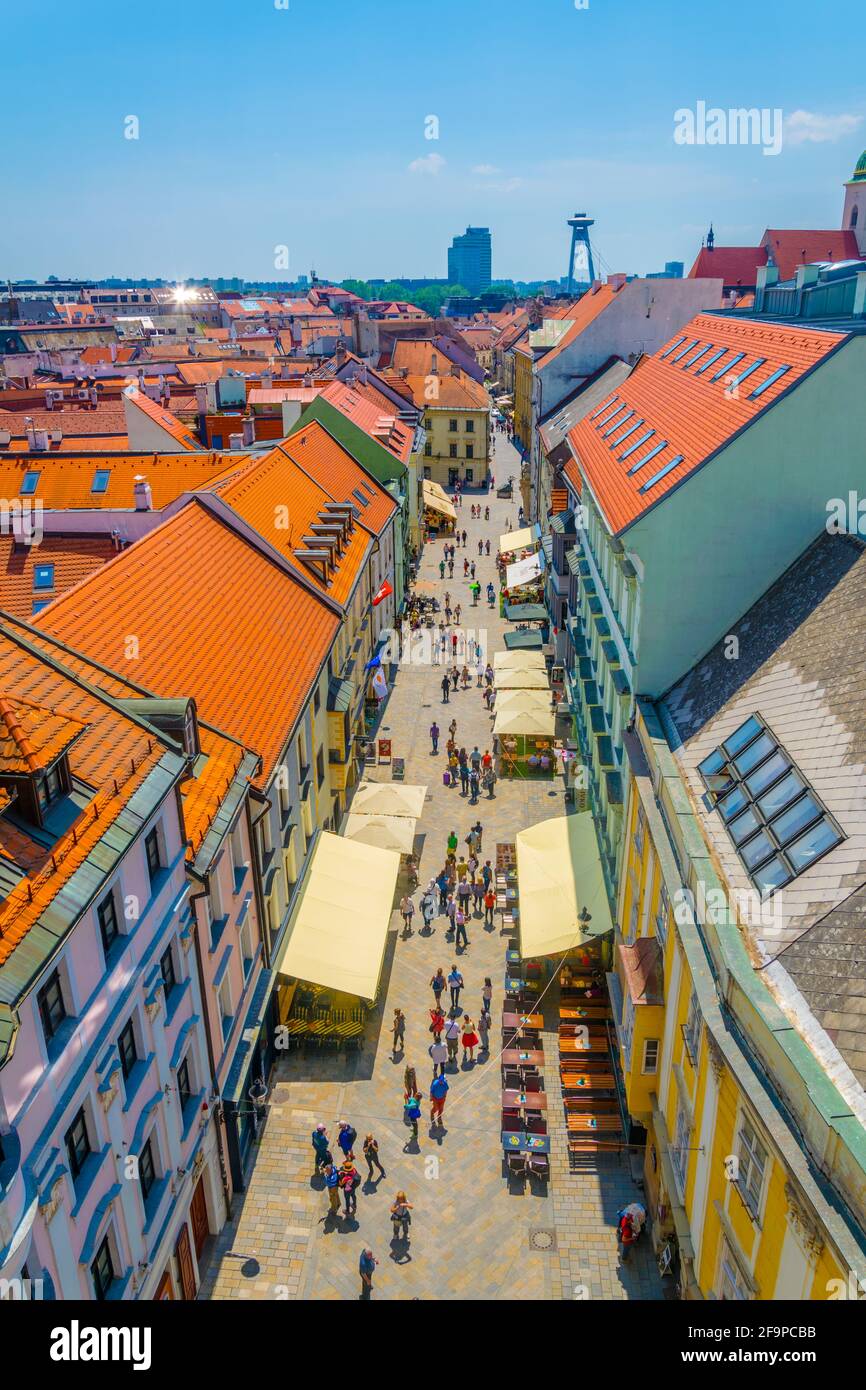 aerial view of the michalska street taken from the michalska tower in Bratislava, Slovakia. Stock Photo