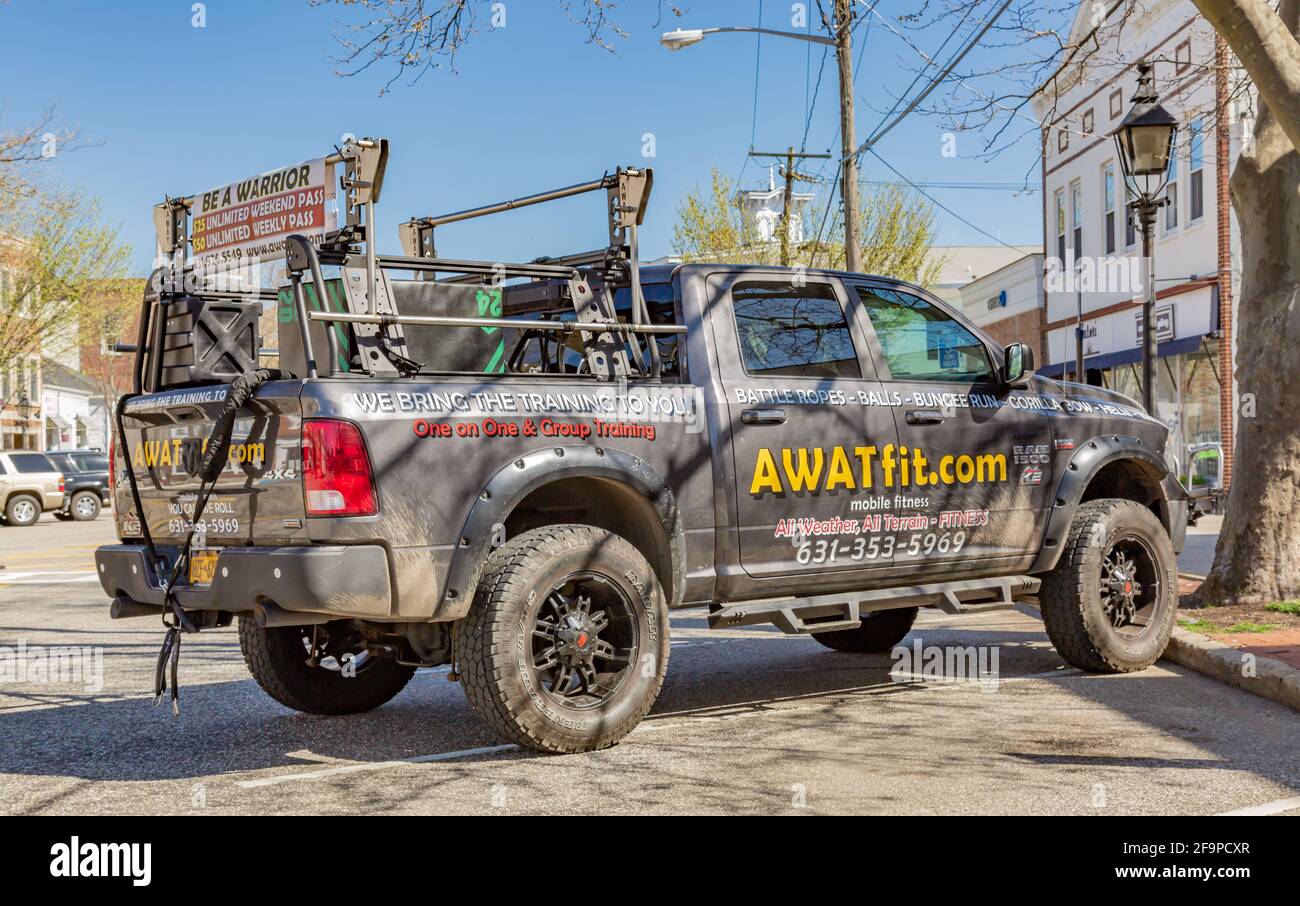 A Dodge Pickup truck set up as a mobile gym Stock Photo
