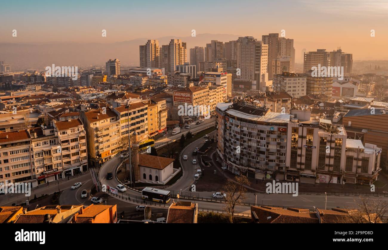 Aerial view of the city of Bursa, Turkey at sunset seen from Hisar Fortress Stock Photo