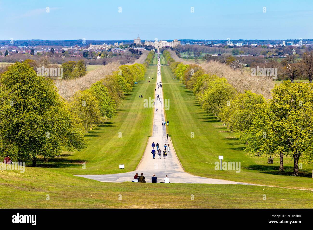 View of the Long Walk in Windsor Great Park from Snow Hill leading up to the royal residence 11th century medieval Windsor Castle, Windsor, Berkshire Stock Photo