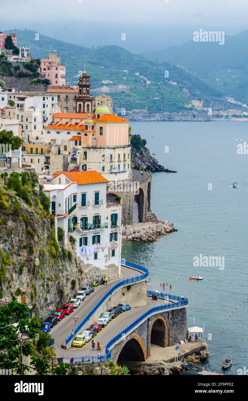 view of atrani village in italy situated on amalfi coast, which is famous for its small beach. Stock Photo