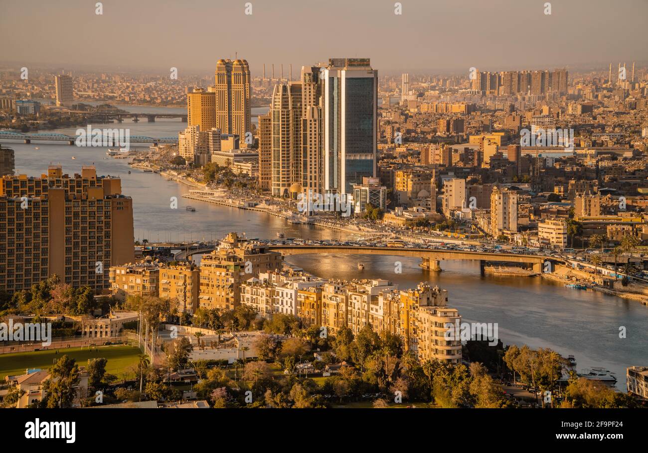 Aerial panoramic view of the skyline of Cairo and the Nile River seen from Cairo Tower Stock Photo