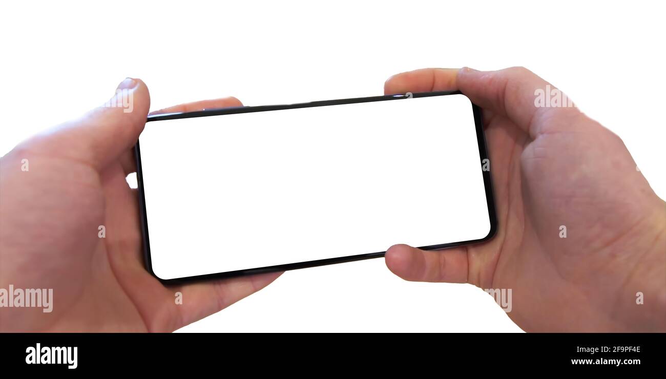 Man hand holding black smartphone isolated on white background Stock ...