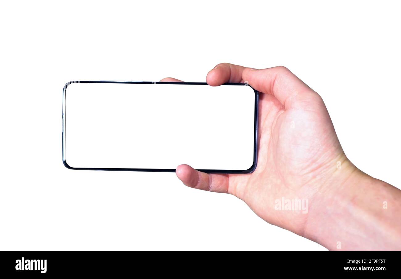 Man hand holding black smartphone isolated on white background Stock ...