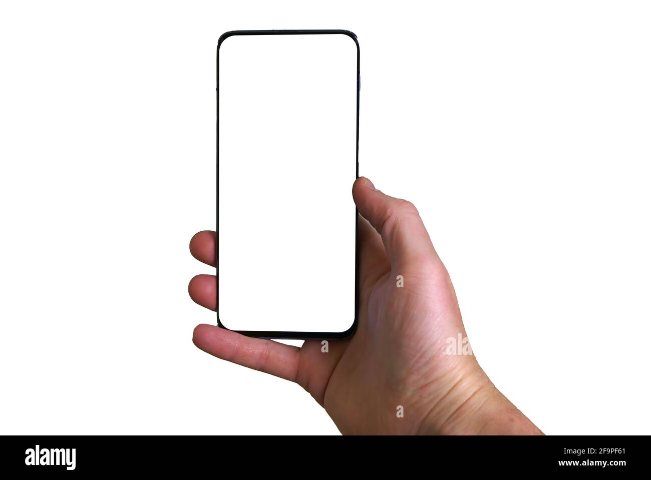 Man hand holding black smartphone isolated on white background Stock ...