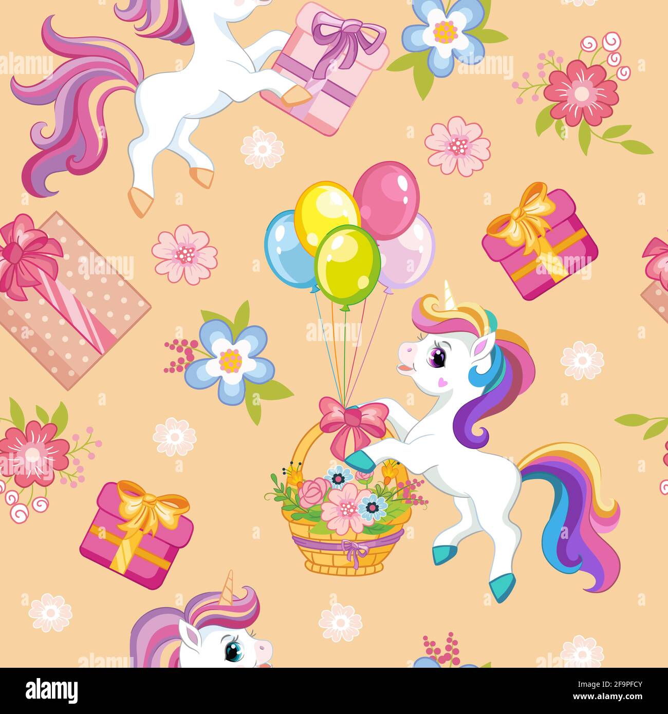 Seamless vector pattern with cute cartoon unicorns, balloons and presents. Colorful illustration vector background birthday concept. For print, t-shir Stock Vector